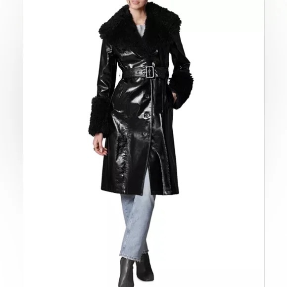7 FOR ALL MANKIND vegan leather Patent Faux Fur Trimmed Trench Coat size M - Picture 8 of 11
